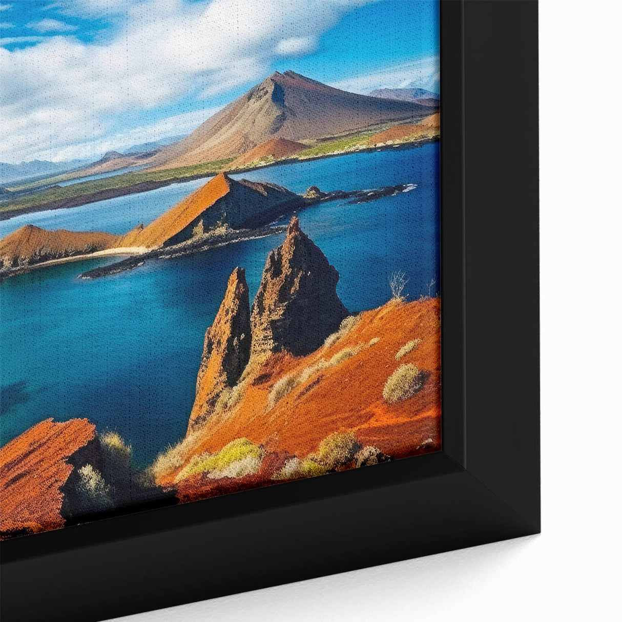 Black wall art featuring a textured, colorful depiction of the Galapagos landscape on a framed canvas.