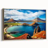 Framed canvas depicting a vintage-style landscape of the Galapagos Islands with muted earth tones.