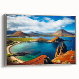Framed canvas featuring a vintage-style landscape art painting of the Galápagos, with vibrant colors on a black background.