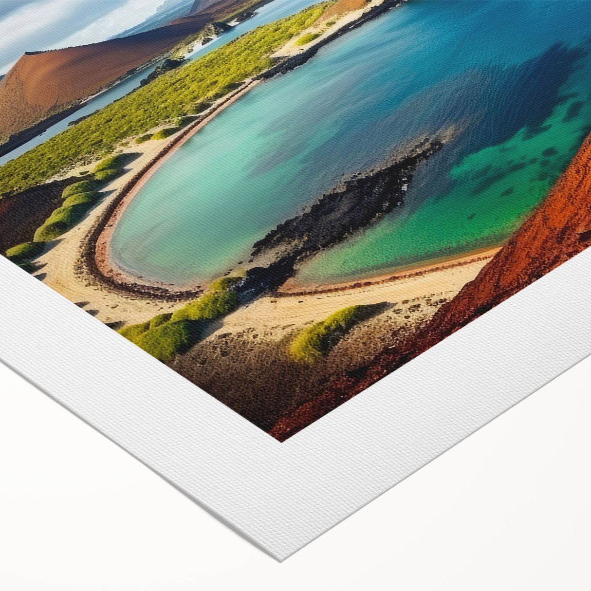 Art deco poster of Galapagos scenery on rolled canvas, featuring muted earth tones, ideal for dining room wall art.