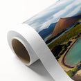 Art deco poster of Galapagos scenery on rolled canvas, with vibrant green and blue tones, ideal for nursery wall art.