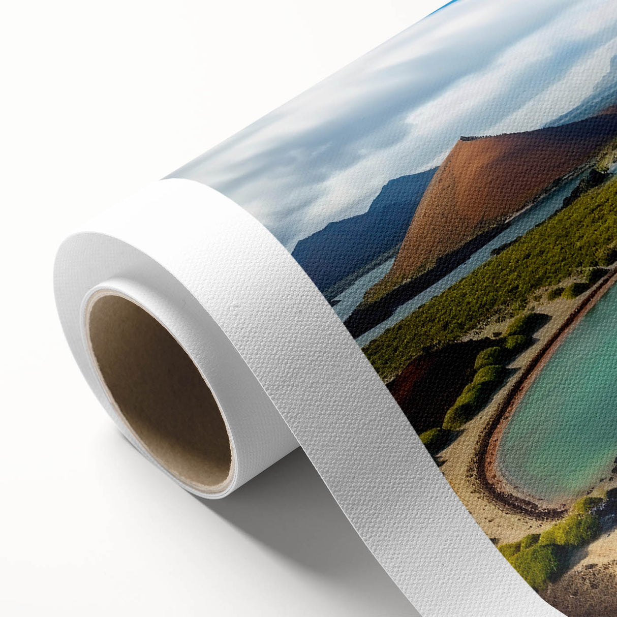 Art deco poster of Galapagos scenery on rolled canvas, with vibrant green and blue tones, ideal for nursery wall art.