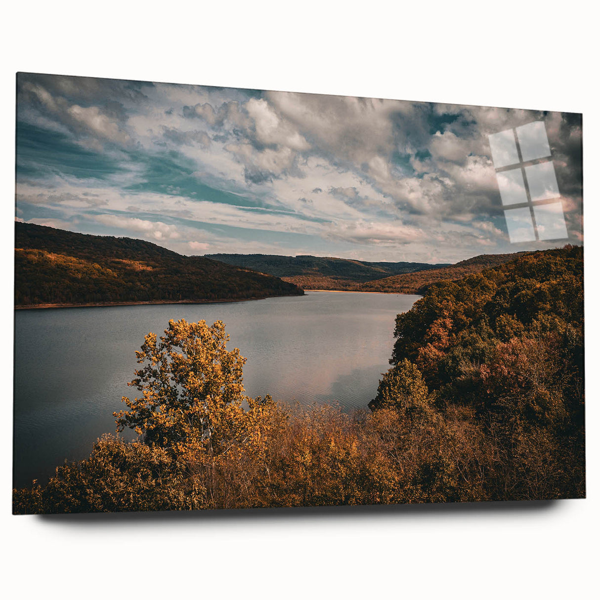 Large abstract wall art depicting a serene Arkansas landscape in muted earth tones on acrylic glass.