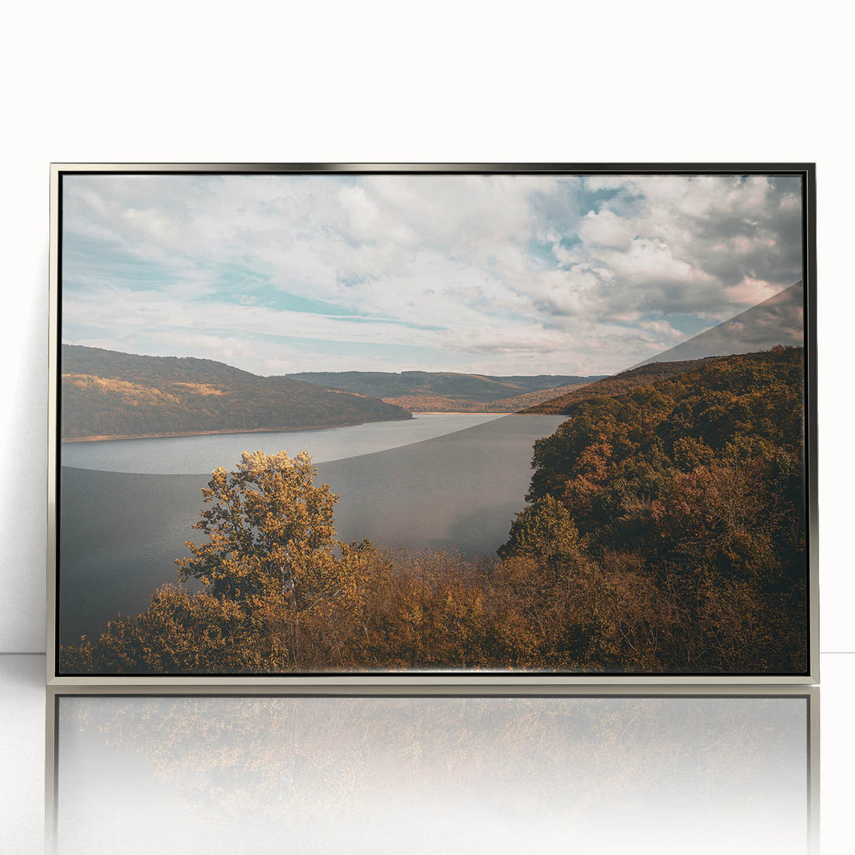 Mid-century modernist art depicting Arkansas scenery in muted earth tones on a silver-framed acrylic print.