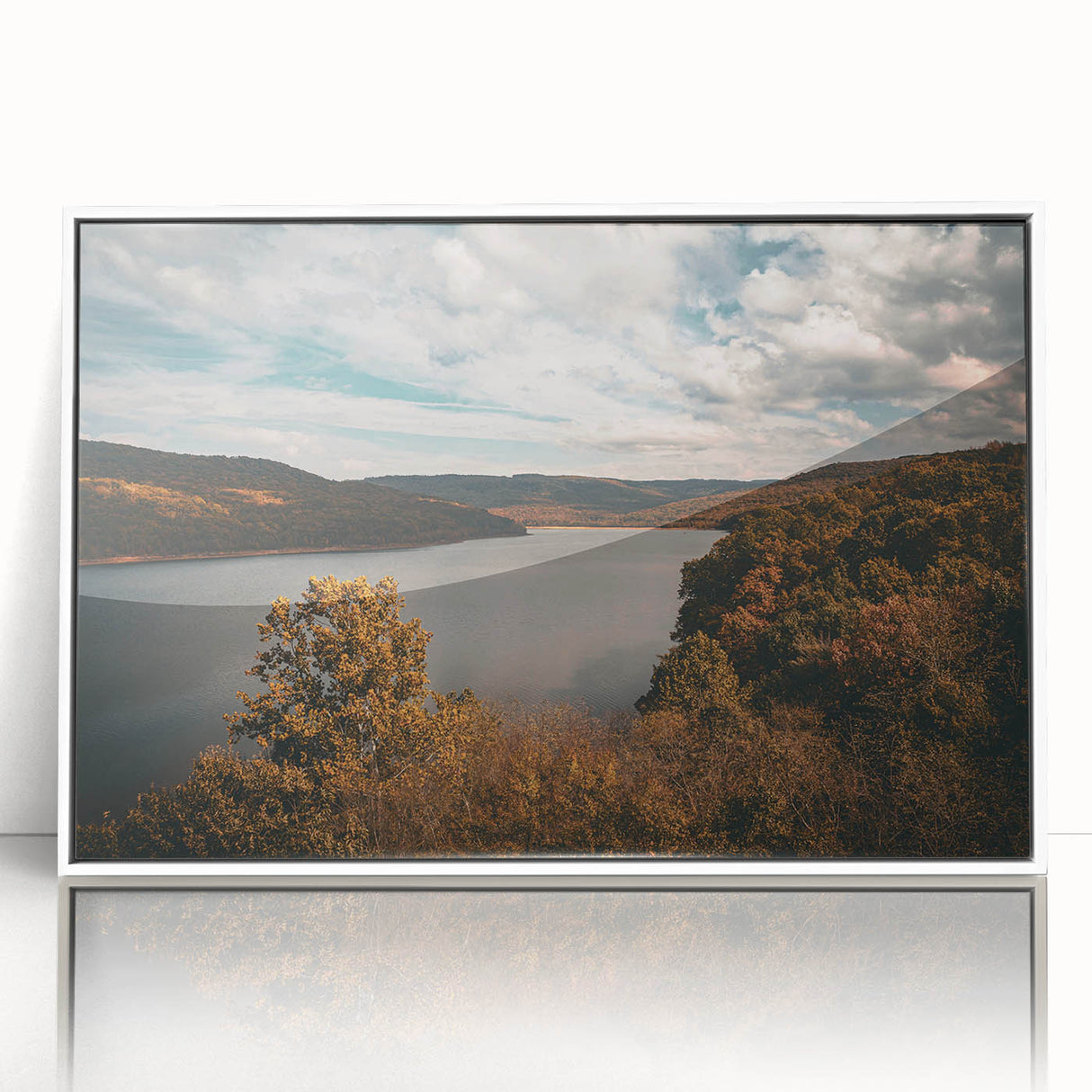 Art deco style poster depicting Arkansas scenery in muted blue and green tones, framed acrylic.
