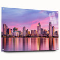 Acrylic print of a large abstract depiction of San Diego skyline in muted blue and orange tones.