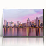 Mid-century modernist art of San Diego skyline in acrylic, featuring cool blue and silver tones, ideal for nursery wall art.