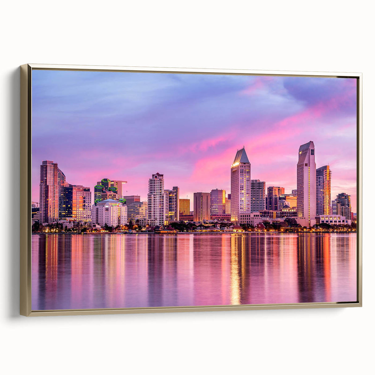 Framed canvas of San Diego landscape in muted gold and black tones, ideal for bedroom wall art.
