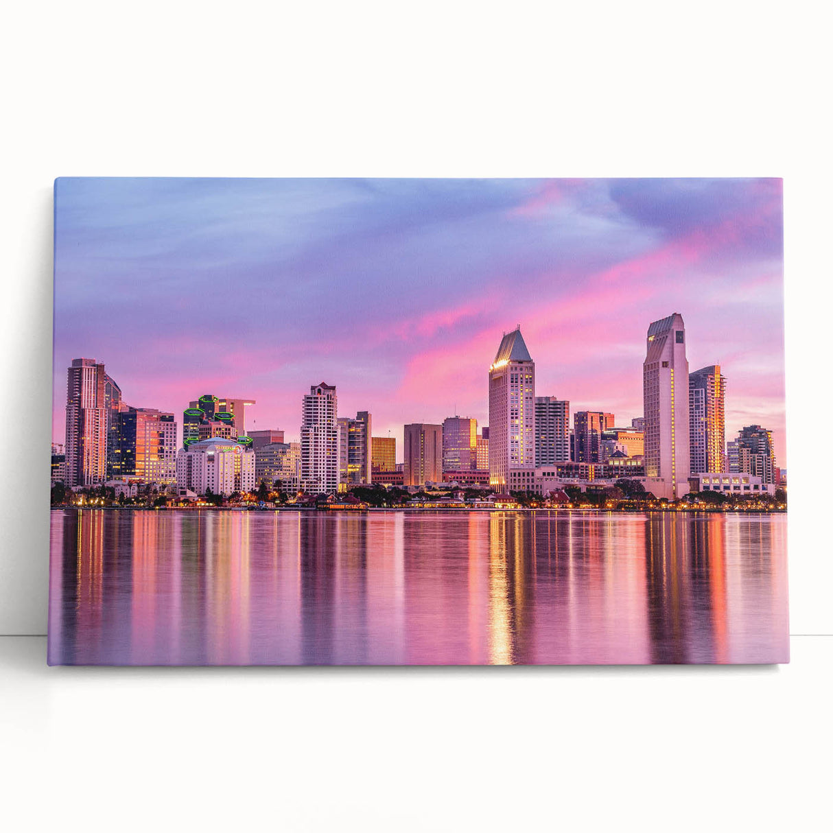 Black and white photograph of San Diego skyline on stretched canvas, ideal for kitchen wall art.