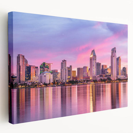 San Diego skyline depicted in muted watercolor shades on a large stretched canvas, suitable for kitchen wall art.