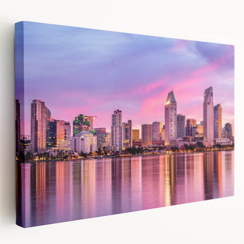 San Diego skyline depicted in muted watercolor shades on a large stretched canvas, suitable for kitchen wall art.