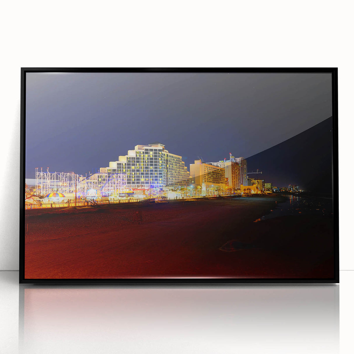 Large abstract wall art featuring vibrant blue and orange hues on a framed acrylic, ideal for modern living room decor.