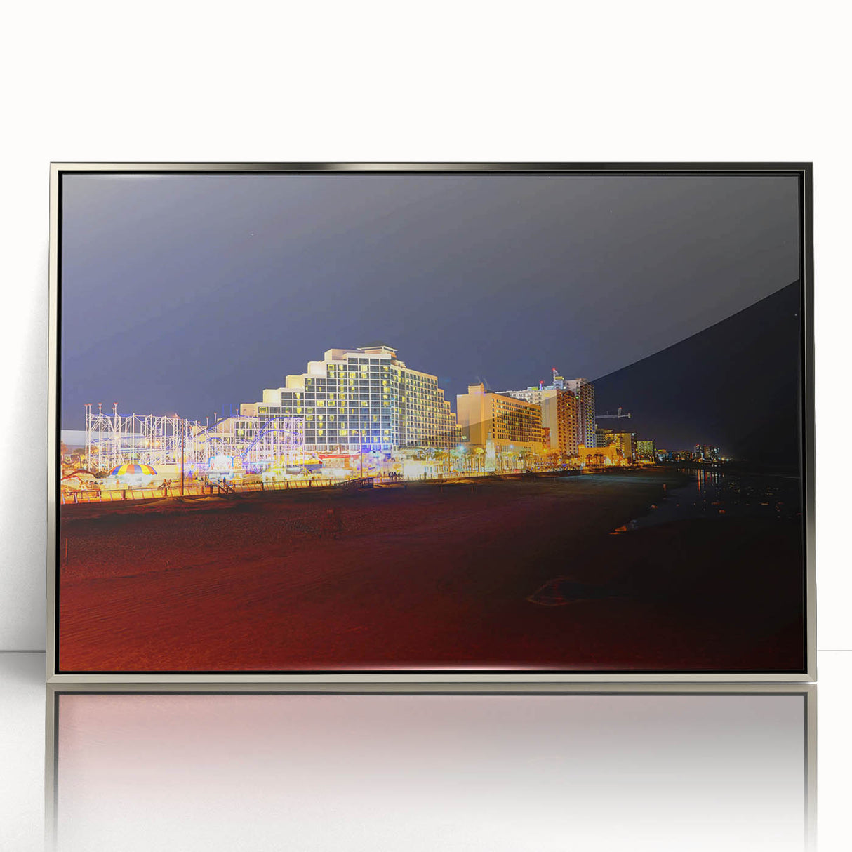 Mid-century modernist art depicting Daytona scenery in muted blue and green tones on a silver-framed acrylic print.