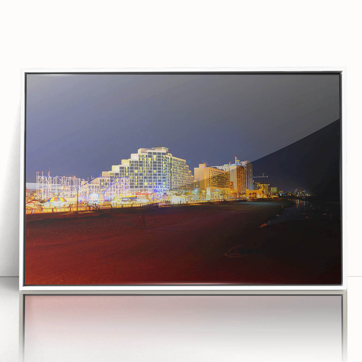 Art deco poster of Daytona scenery in muted blue tones on white framed acrylic, suitable for modern nursery decor.