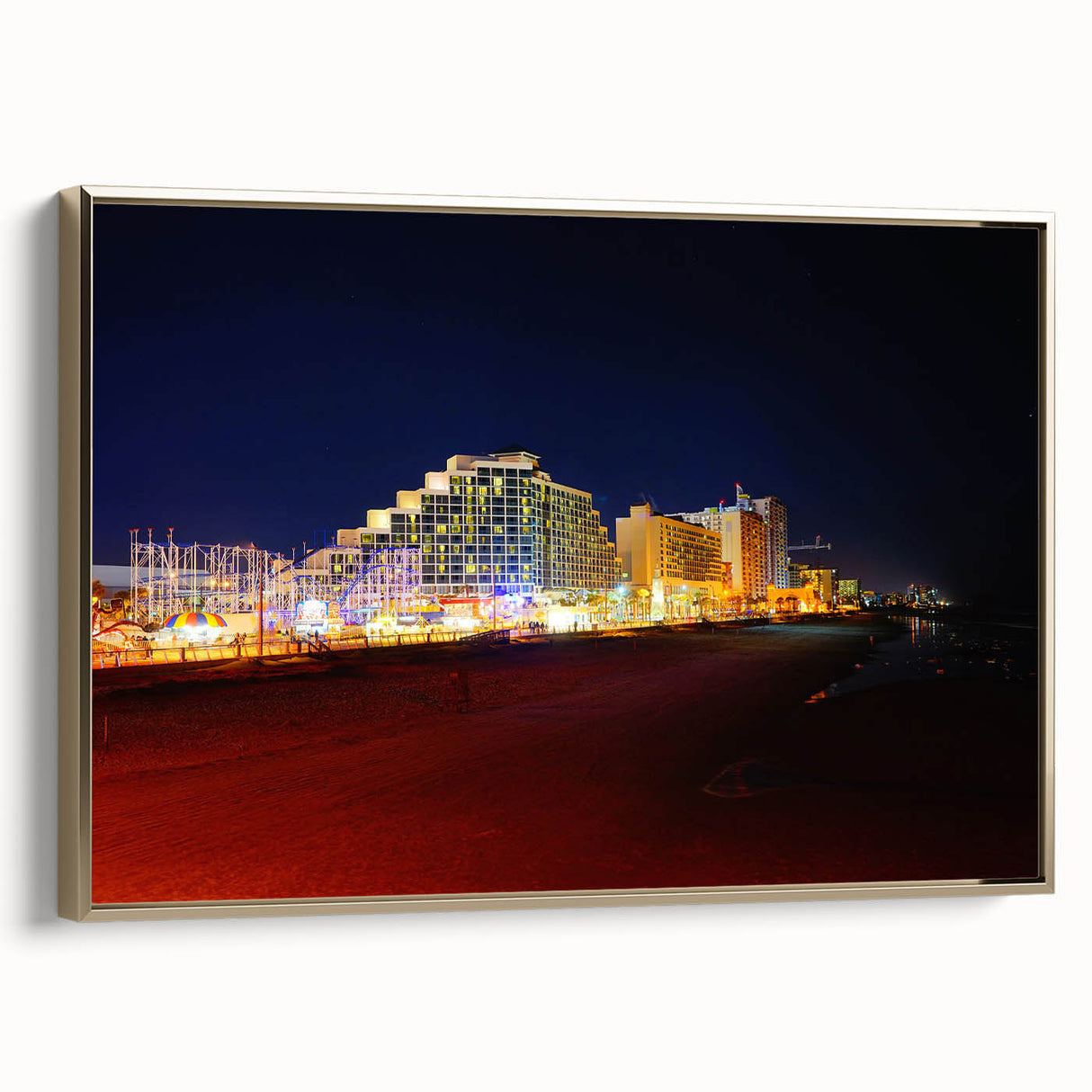 Framed canvas depicting a vintage-style Daytona landscape in muted gold and black tones, ideal for bedroom wall art.