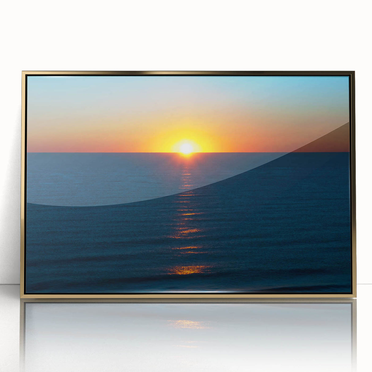 Mid-century modernist style depiction of Delaware scenery on a large framed acrylic print in gold.