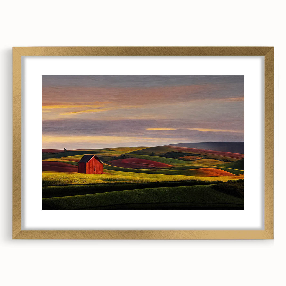 Extra large wall art featuring abstract textures of Idaho scenery in earth tones, framed with a gold mat.