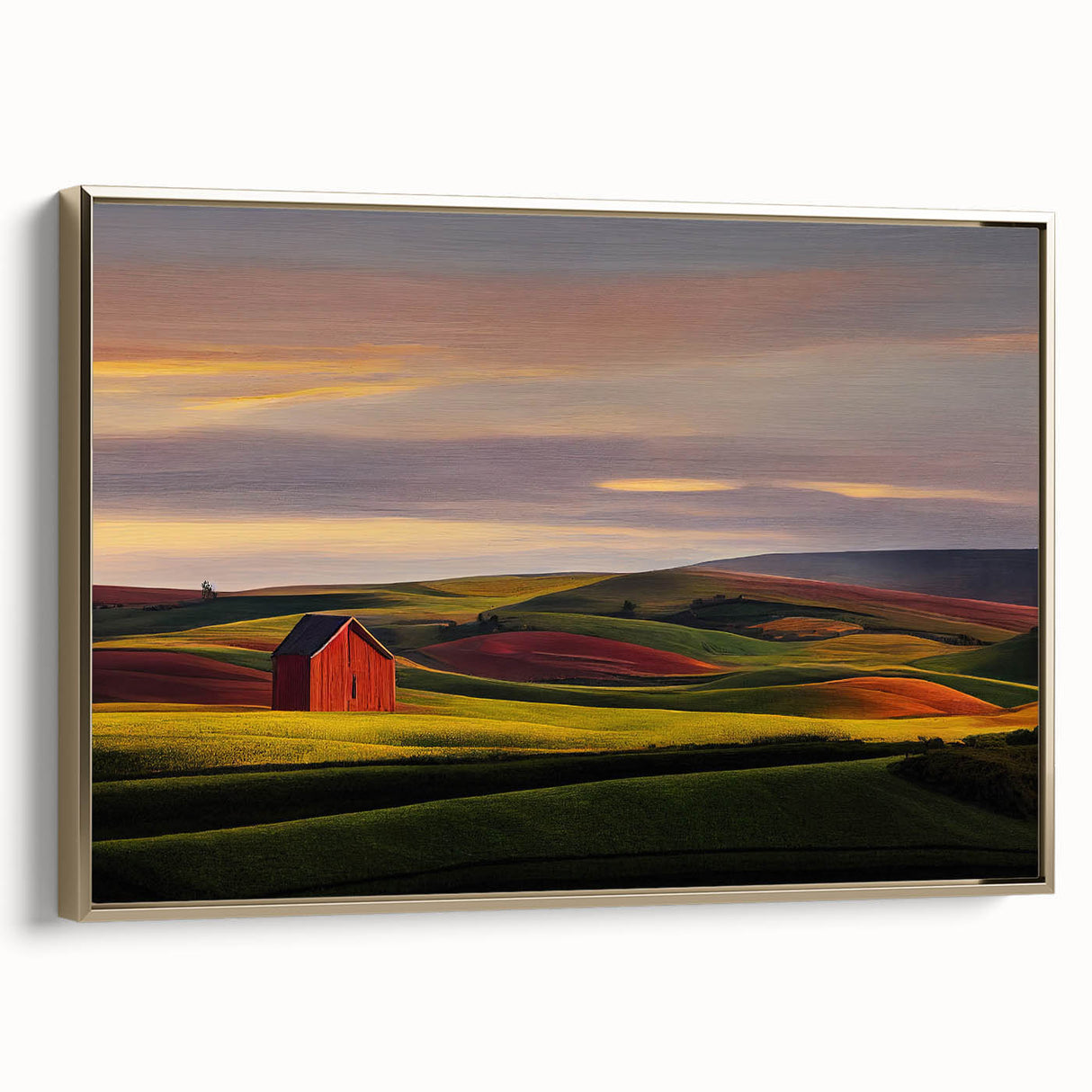 Framed canvas of a vintage-style Idaho landscape in muted gold and black tones, suitable for bedroom decor.