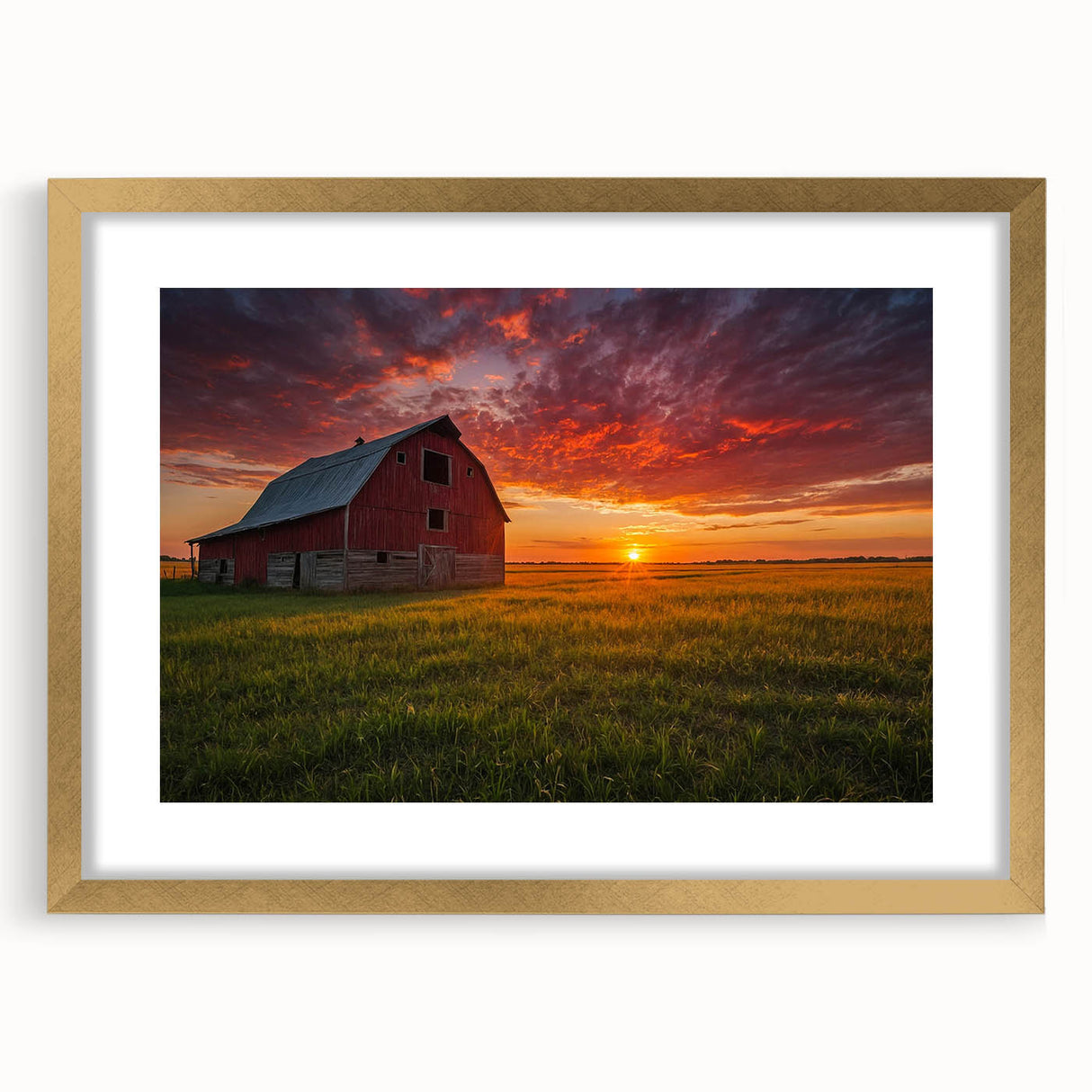 Extra large abstract art print of Iowa scenery in muted earth tones on a textured canvas, framed in gold.