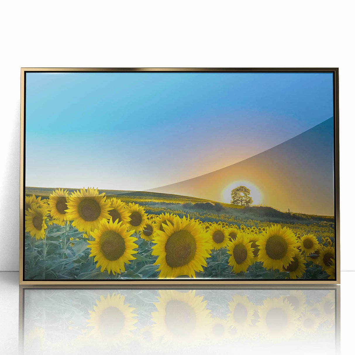 Large acrylic print of a Kansas scenery in gold frame, mid-century modernist style, suited for nursery wall decor.