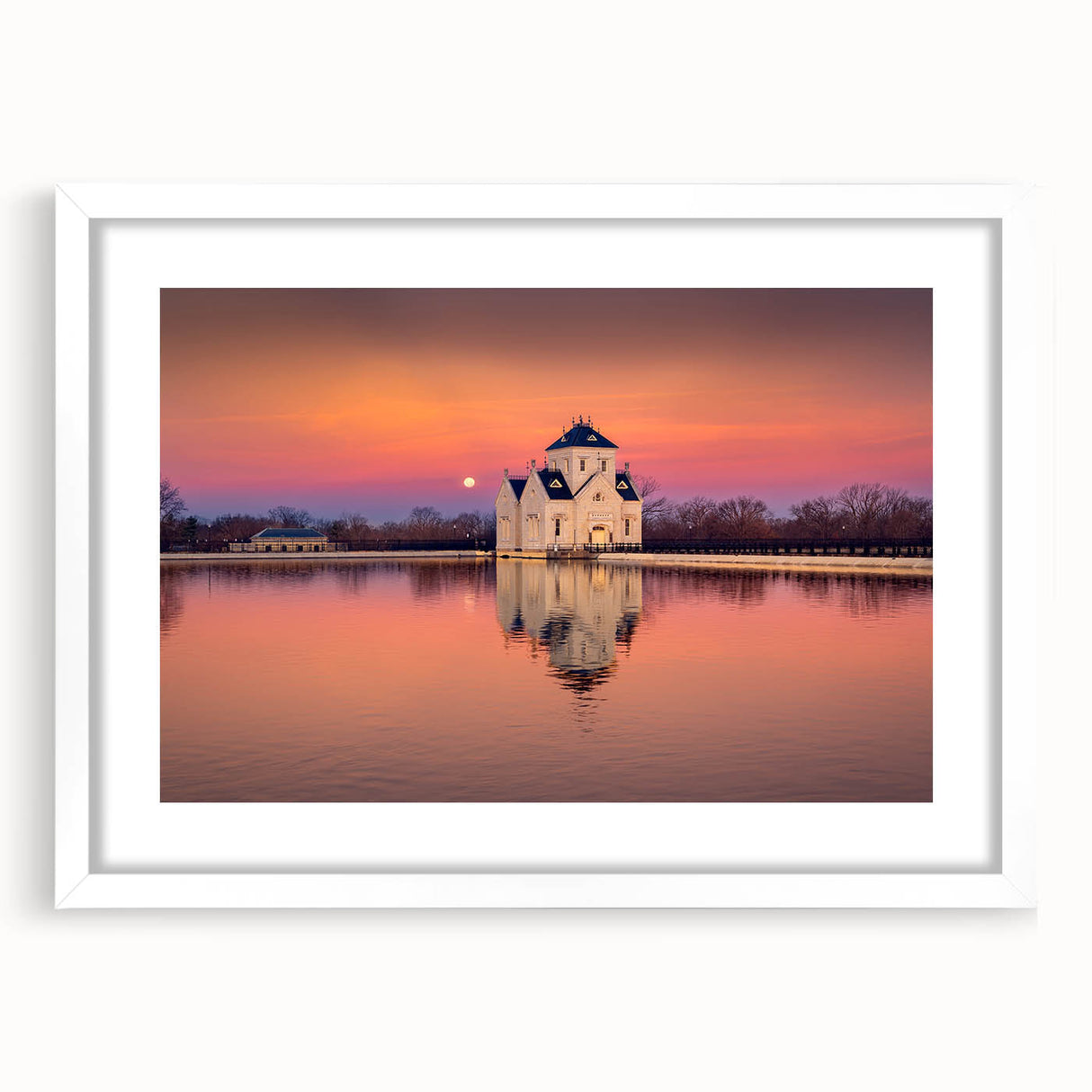 Abstract art print of a Kentucky landscape in muted green and blue tones, framed with a white mat.
