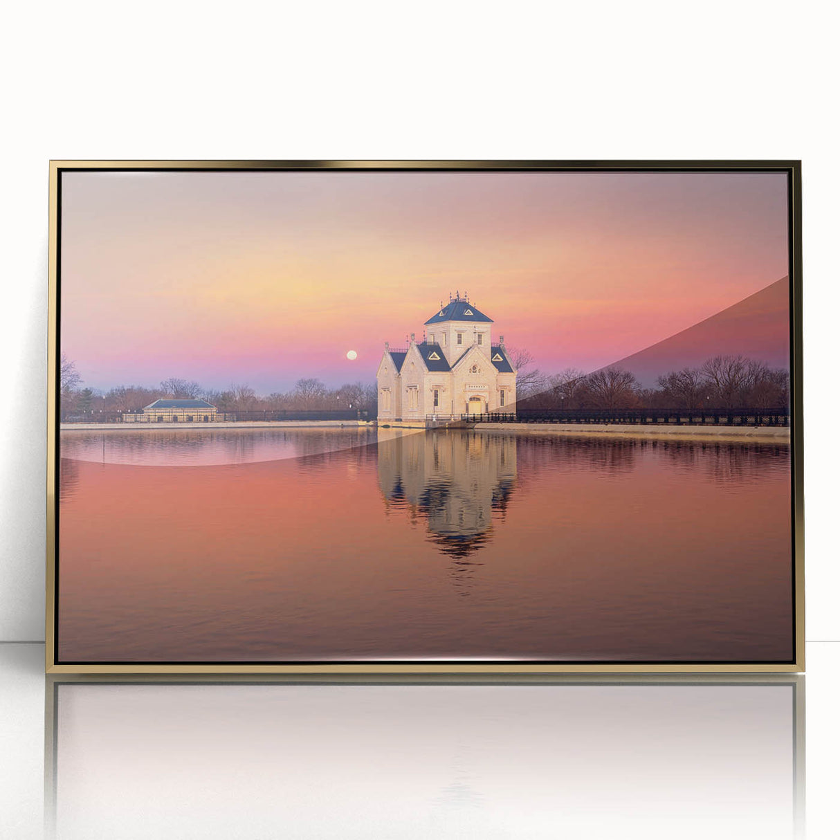 Mid-century modernist style Kentucky scenery in muted green and gold tones on framed acrylic.