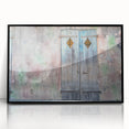 Large abstract wall art depicting a vibrant New Orleans cityscape, in mid-century modern style on black-framed acrylic.