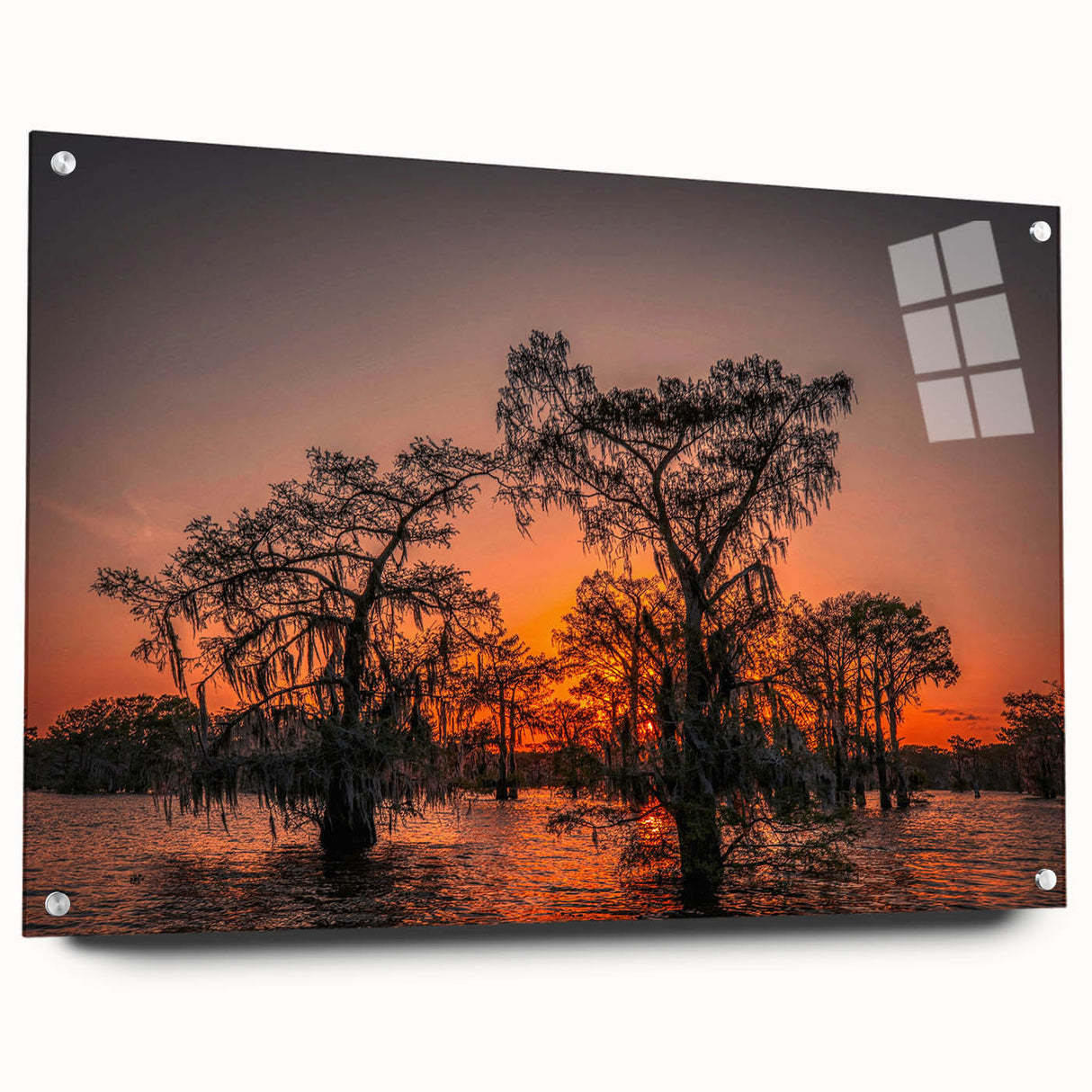 Acrylic print of a large abstract depiction of Louisiana scenery in muted earth tones.