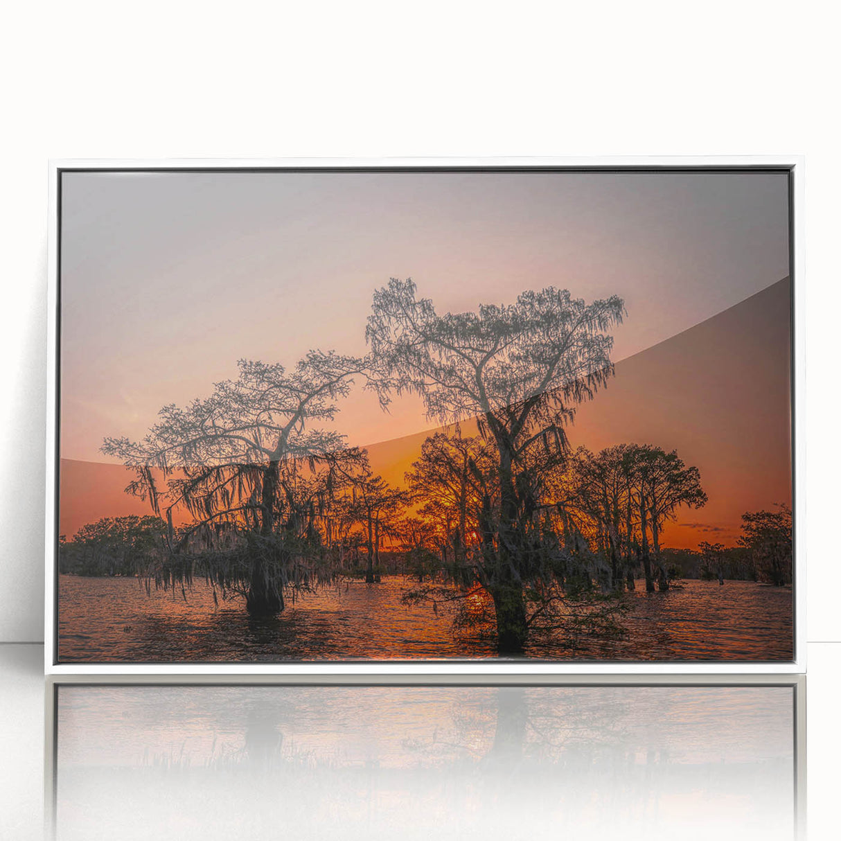 Art deco poster of Louisiana scenery in muted earth tones on framed acrylic, ideal for nursery wall art.