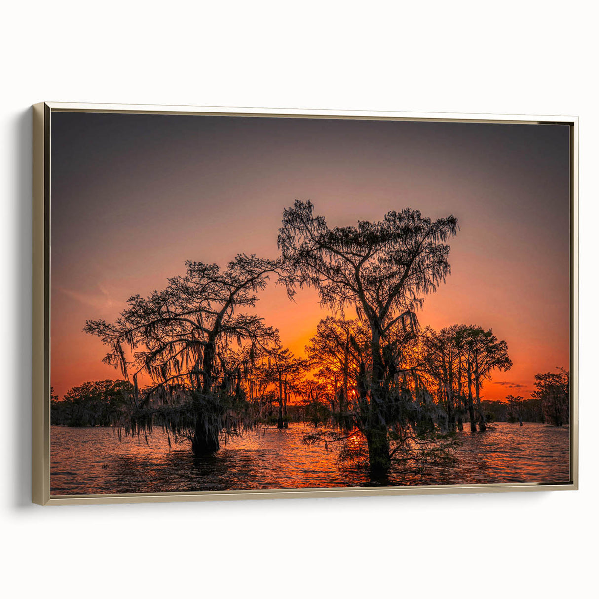 Framed canvas featuring a vintage-style Louisiana landscape in black and gold tones, ideal for bedroom wall art.