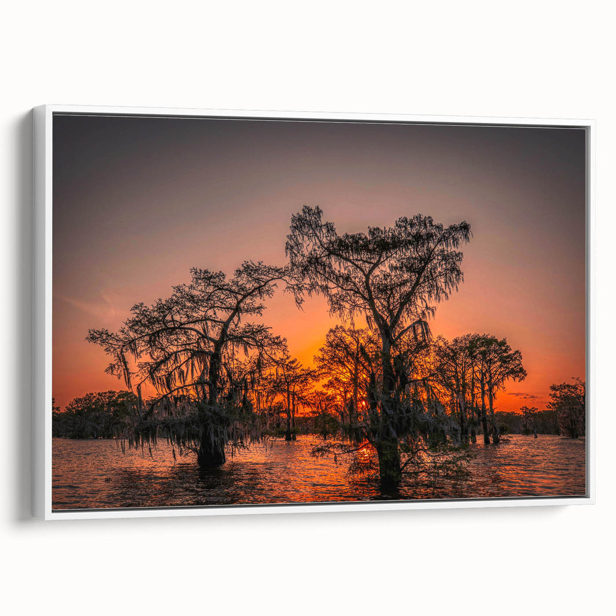 Vintage poster art of a colorful Louisiana landscape on an extra-large framed canvas, ideal for living room decor.