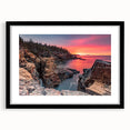 Extra large abstract art print featuring a colorful, textured depiction of Acadia, Maine, in a black framed mat.
