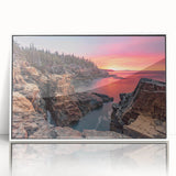 Acadia National Park scenery on white-framed acrylic print, featuring muted earthy tones, ideal for modern art wall decor.