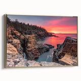 Framed canvas depicting a serene Acadia landscape in Maine with muted earth tones, ideal for bedroom wall art.