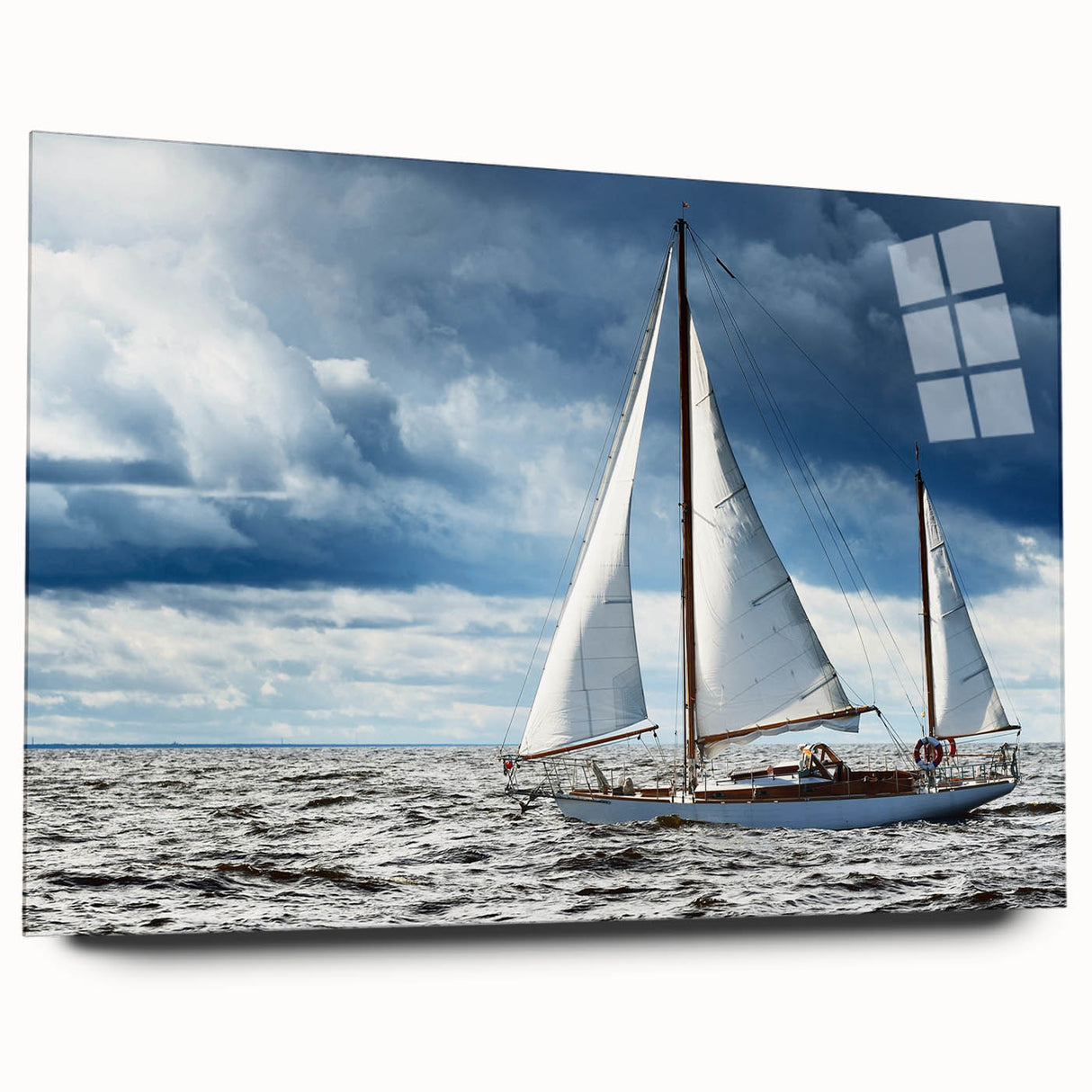 Acrylic glass print of a serene Maine landscape in soft blue and green tones, suitable for bedroom or dining room decor.