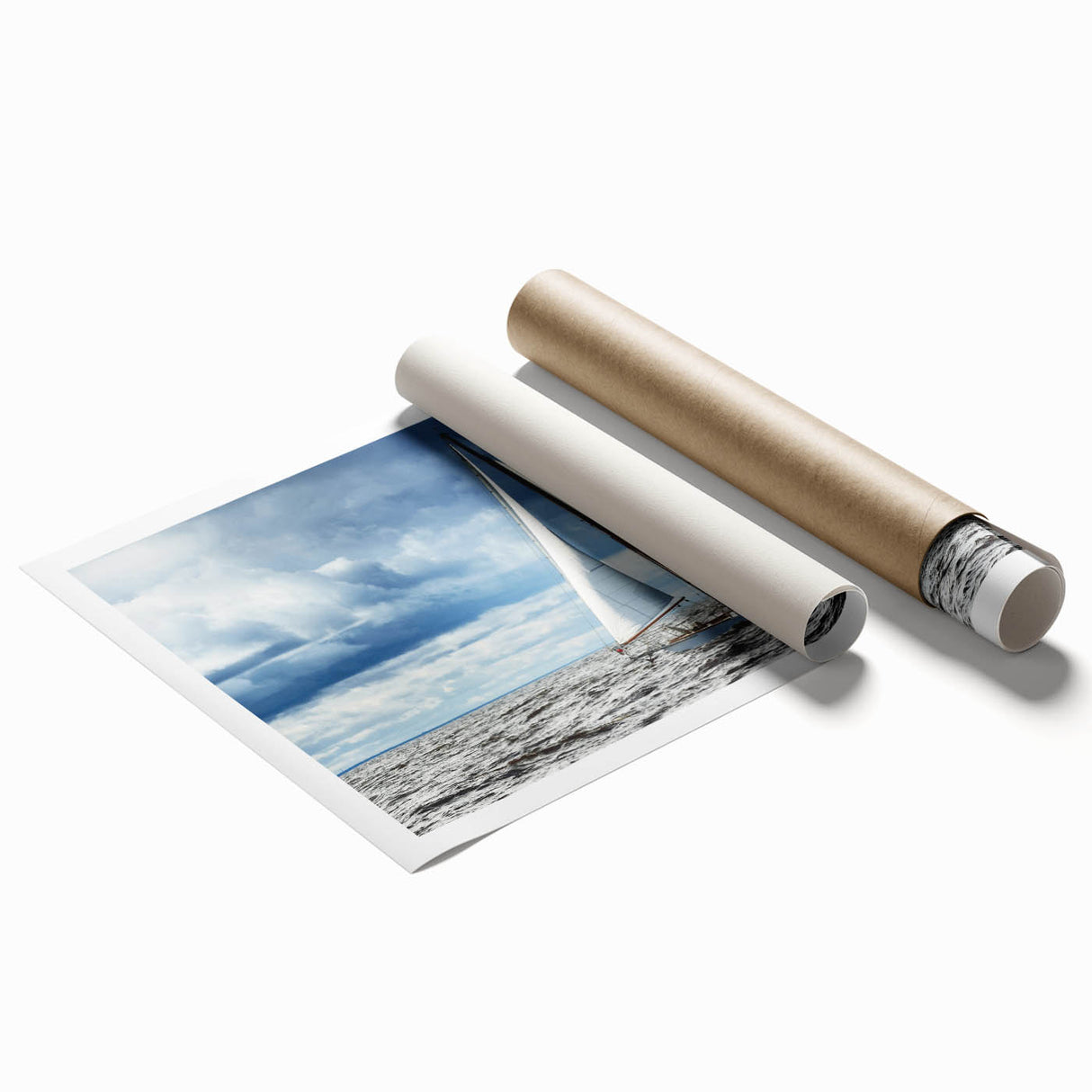 Extra large rolled print depicting a serene Maine landscape with lush florals in soft blue and green tones.