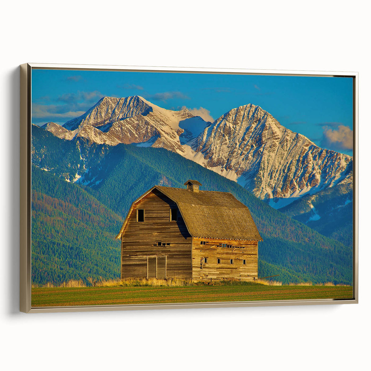 Framed canvas wall art depicting a vintage-style Montana landscape in muted gold and black tones, suitable for bedroom decor.
