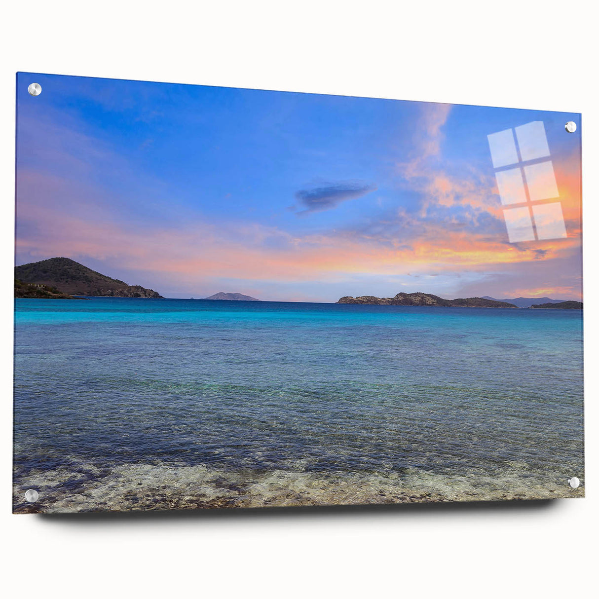 Large abstract wall art of Charlotte skyline in muted blue and gray tones on acrylic glass.