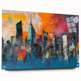 Acrylic print of a large abstract depiction of Manhattan skyline in muted gray and blue tones.