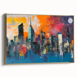 Framed canvas featuring a vintage-style Manhattan landscape in black and gold tones, ideal for bedroom wall art.