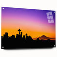 Acrylic print of Seattle skyline in muted gray and blue tones, suitable for dining room or bedroom decor.