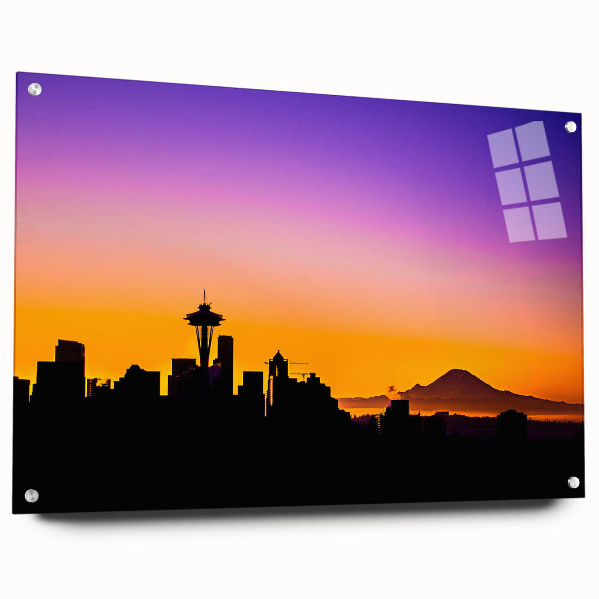 Acrylic print of Seattle skyline in muted gray and blue tones, suitable for dining room or bedroom decor.