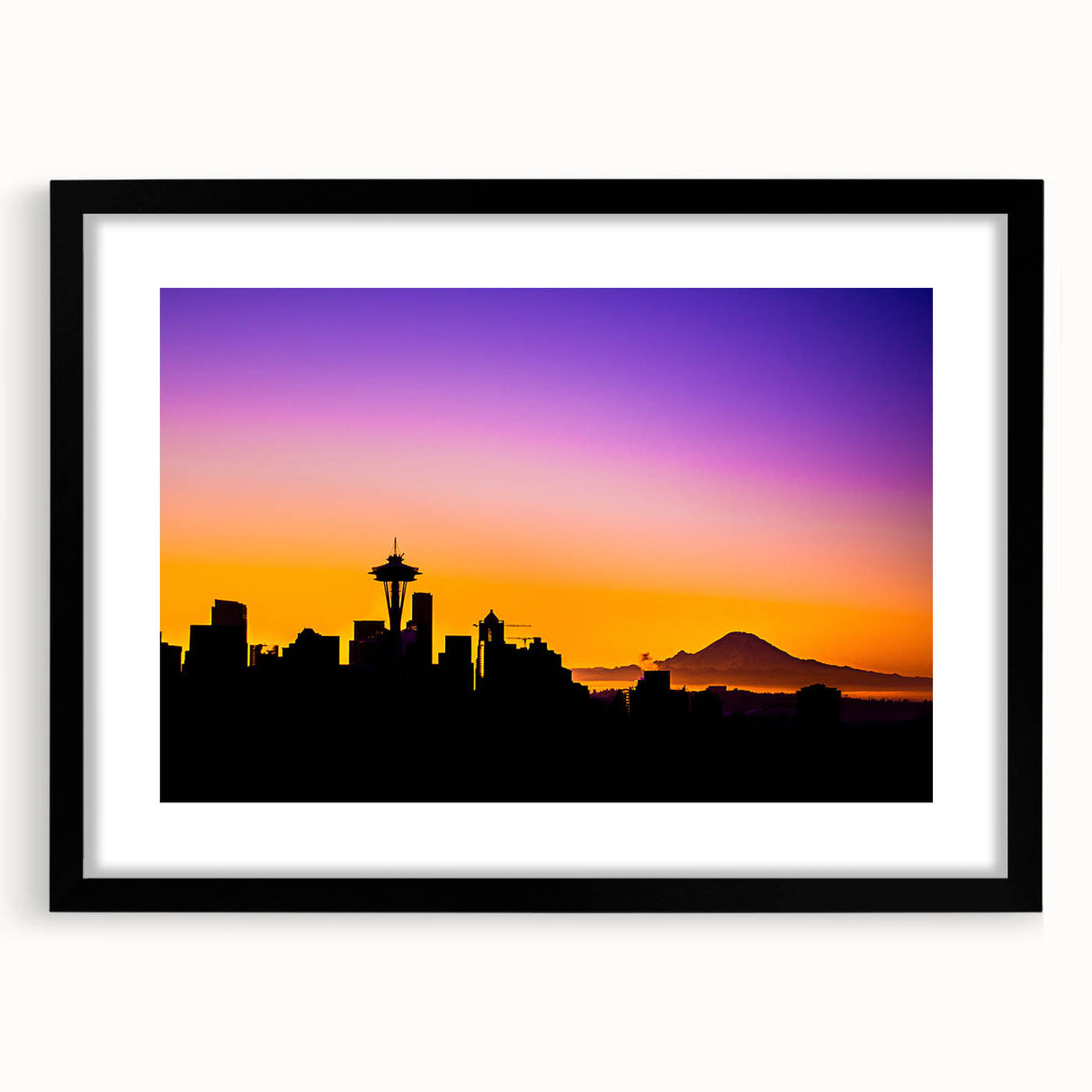 Extra large abstract art print of Seattle skyline in muted gray tones on a framed canvas, ideal for living room decor.