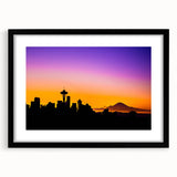 Extra large abstract art print of Seattle skyline in muted gray tones on a framed canvas, ideal for living room decor.