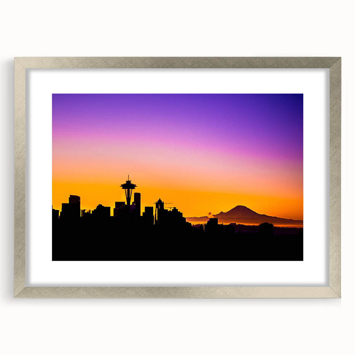 Textured abstract art print of Seattle skyline in muted gray and blue tones, framed in silver, suitable for bedroom decor.