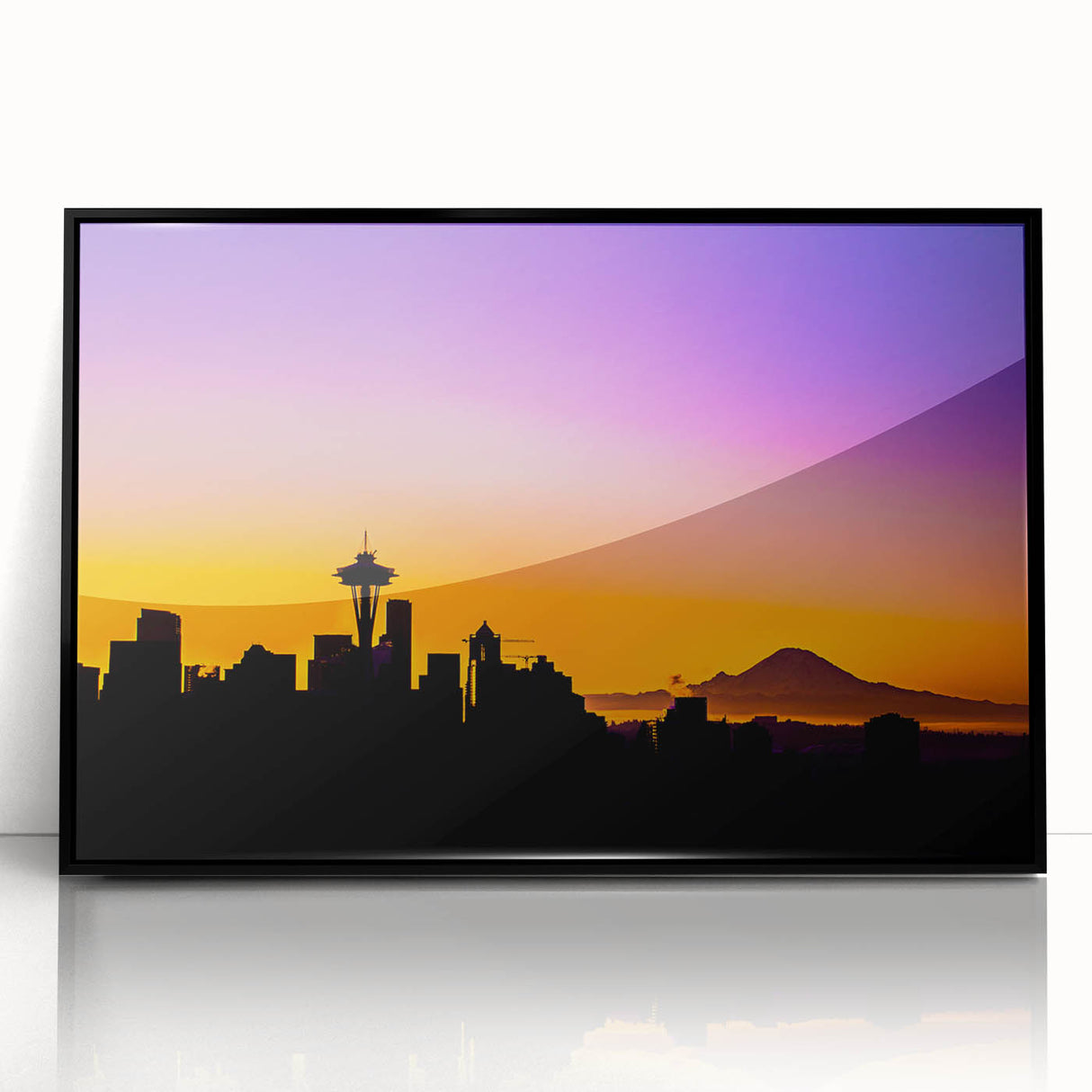 Large abstract wall art depicting the Seattle skyline in muted earth tones on a framed acrylic.