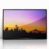 Large abstract wall art depicting the Seattle skyline in muted earth tones on a framed acrylic.