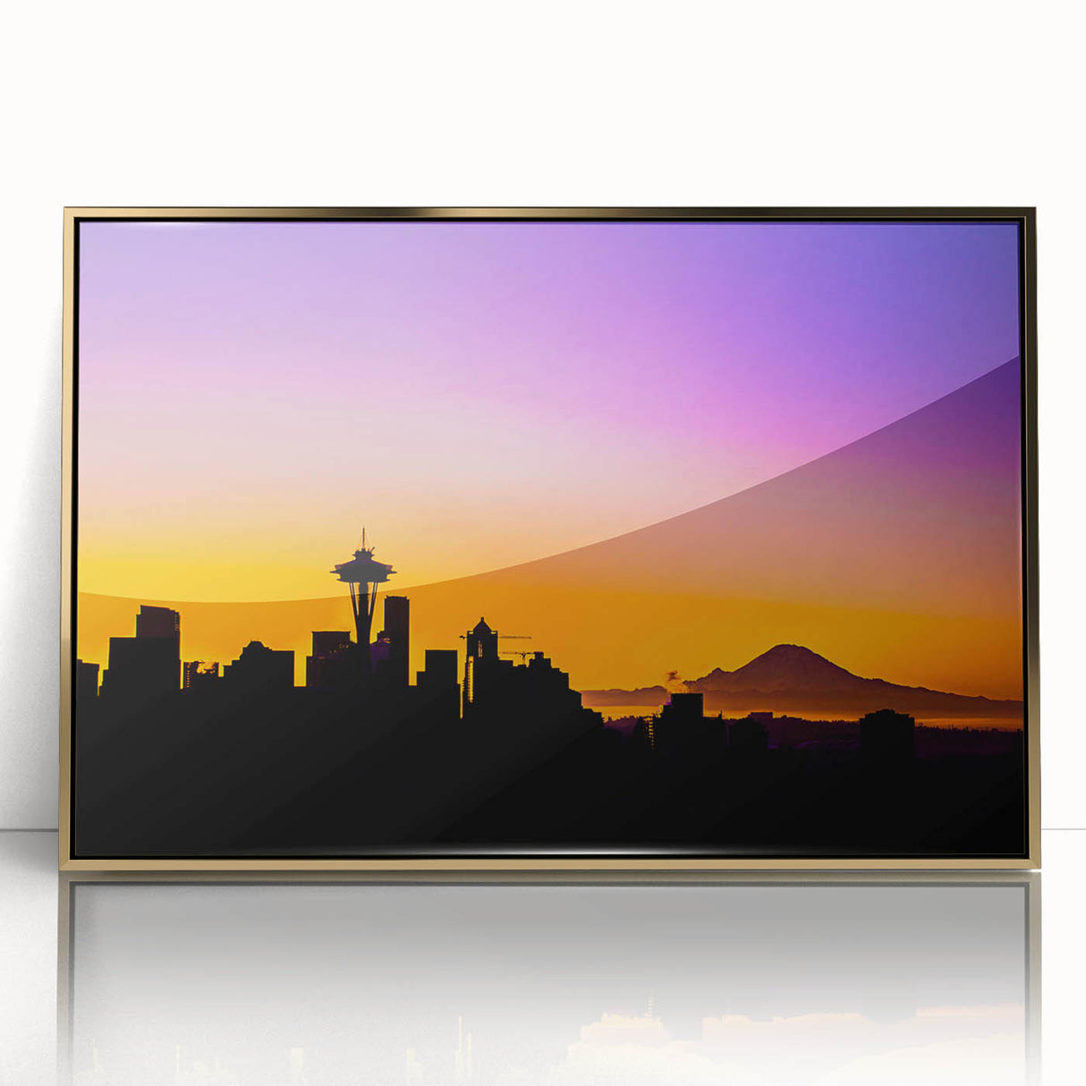 Large art print of Seattle skyline in muted gray tones on framed acrylic, ideal for modern art wall decor.