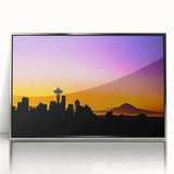 Mid-century modernist art of Seattle skyline in silver acrylic frame, ideal for nursery wall decor.