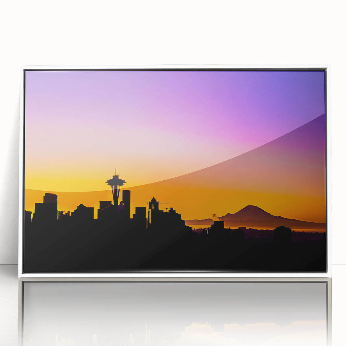 Acrylic print of Seattle skyline in art deco style with muted gray tones, ideal for modern art wall decor in a nursery.